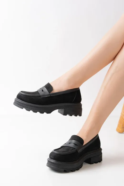 Aymood 746-759AYM 746-759 Siyah Süet Günlük Yüksek Tabanlı Loafer Ayakkabı