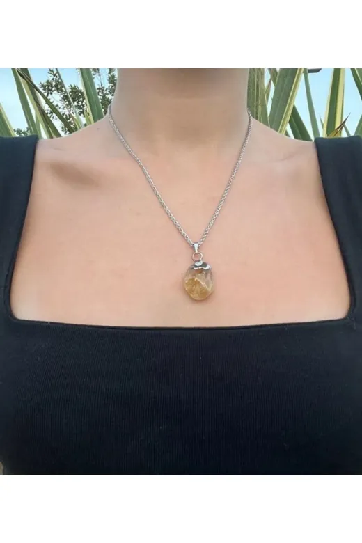 AYSHO strtamburkolye Sitrin Doğal Taş Tamburlanmış Kolye Ucu (47 Cm Zincir Dahil) (Sertifikalı)