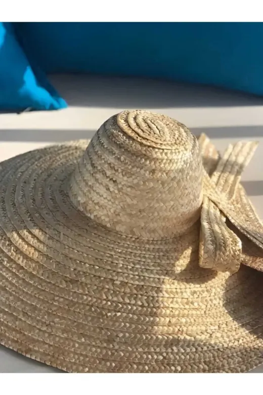 Büyük Boy Fiyonklu Doğal Hasır Şapka