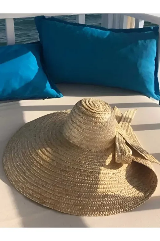 Büyük Boy Fiyonklu Doğal Hasır Şapka
