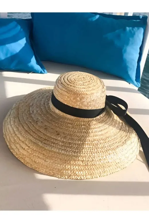 Büyük Boy Kurdeleli Vintage El Yapımı Doğal Hasır Şapka