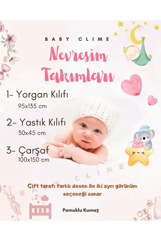 Baby Clime 3P-NT-1. Çift Taraflı Bebek Nevresimi - 95X135 Yorgan Kılıfı, Yastık Kılıfı Ve Beyaz Çarşaf Seti