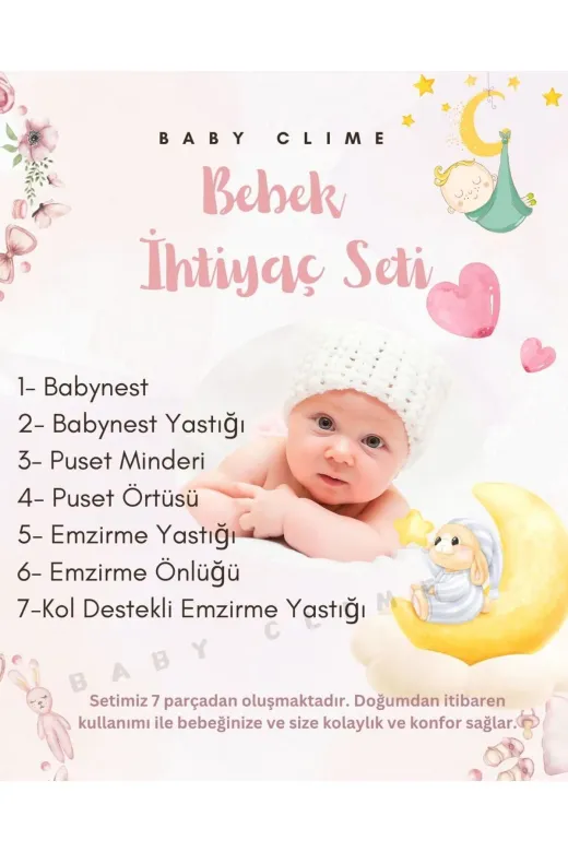 Baby Clime 7PARÇA-2. 7 Parça Bebek Seti – Babynest Anne Yanı Yatak, Puset Takımı, Emzirme Yastığı Ve Minderi