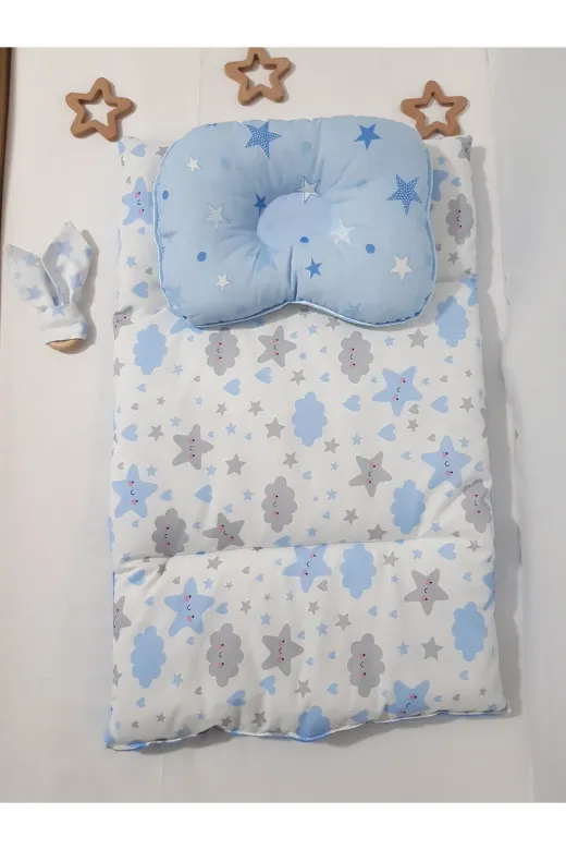 Baby Clime ALTMİN+BDY+DİŞK-6. Alt Açma Minderi Çift Taraflı Mavi Bulut - Baş Düzeltme Yastığı Ve Diş Kaşıyıcı