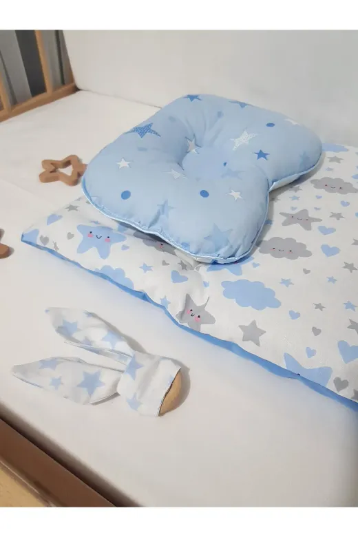 Baby Clime ALTMİN+BDY+DİŞK-6. Alt Açma Minderi Çift Taraflı Mavi Bulut - Baş Düzeltme Yastığı Ve Diş Kaşıyıcı