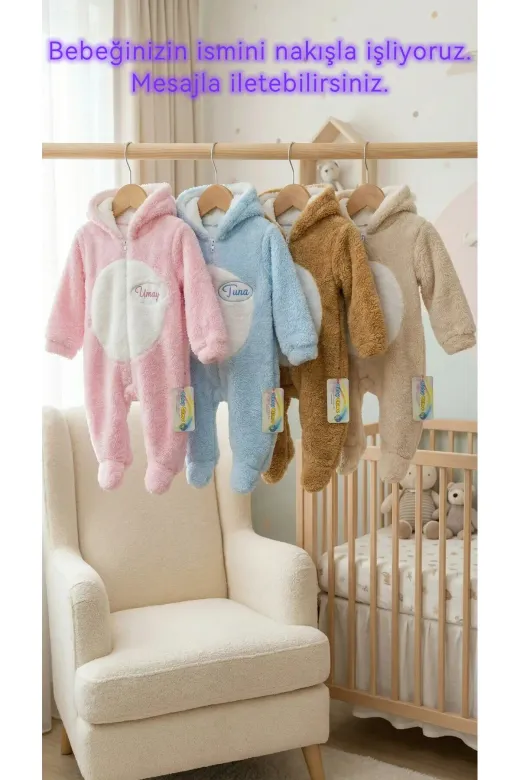 Baby Clime AYI TUL-1. 0–12 Ay İsimli Bebek Tulumu – Peluş Ayıcık Kapüşonlu Ayaklı Tulum