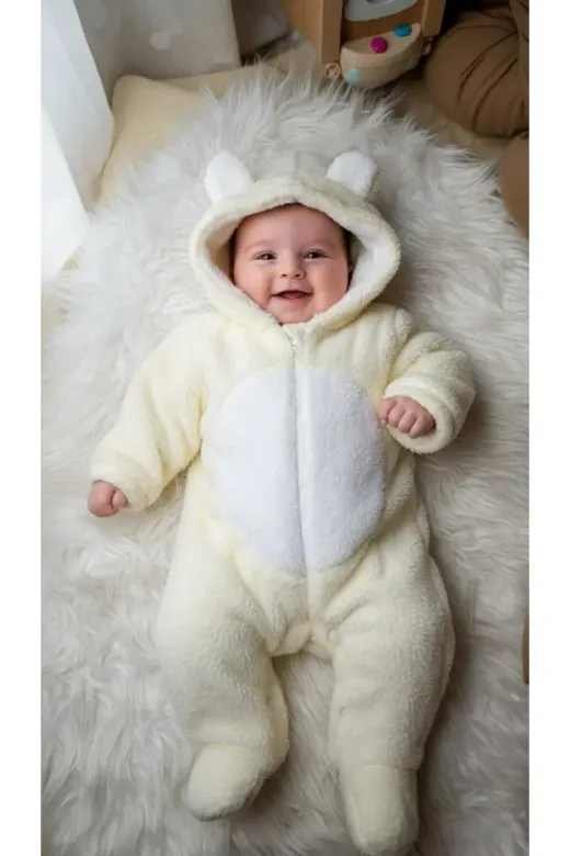 Baby Clime AYI TUL-1. 0–12 Ay İsimli Bebek Tulumu – Peluş Ayıcık Kapüşonlu Ayaklı Tulum