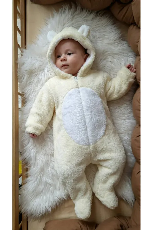 Baby Clime AYI TUL-1. 0–12 Ay İsimli Bebek Tulumu – Peluş Ayıcık Kapüşonlu Ayaklı Tulum