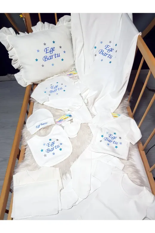 Baby Clime BEYHÇP-10LU-4. İsimli 10 Parça Hastane Çıkış Seti + Fırfırlı Müslin Kırlent (Dolgulu)