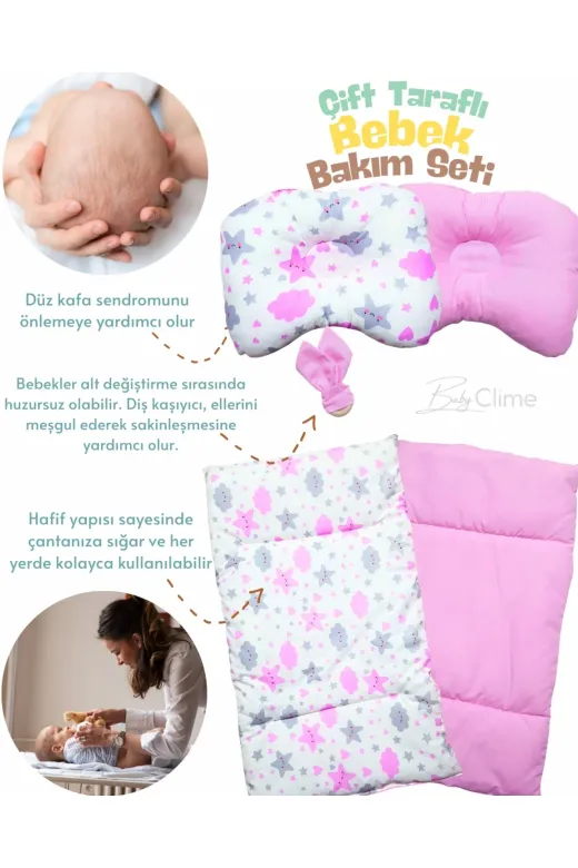 Baby Clime ÇİFT BAKIM-1 Çift Taraflı Bebek Bakım Seti - Alt Açma Minderi, Baş Düzeltme Yastığı Ve Ahşap Diş Kaşıyıcı