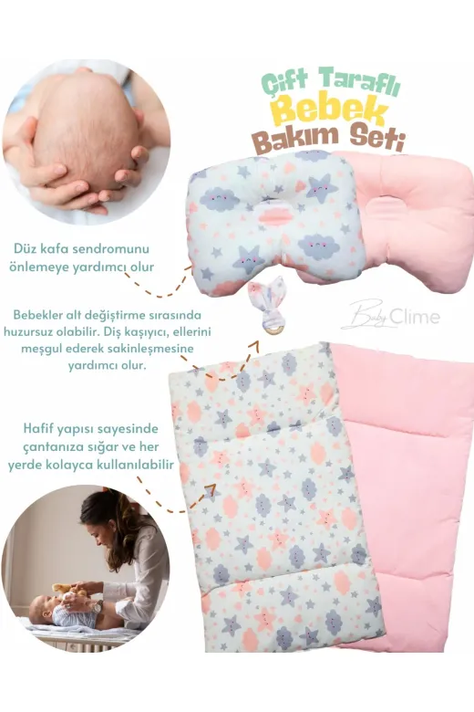 Baby Clime ÇİFT BAKIM-3 Çift Taraflı Bebek Bakım Seti - Alt Açma Minderi, Baş Düzeltme Yastığı Ve Ahşap Diş Kaşıyıcı