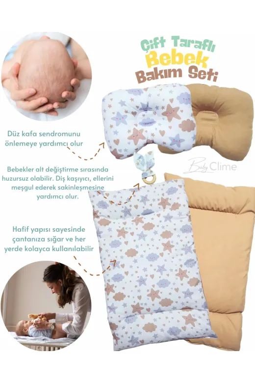 Baby Clime ÇİFT BAKIM-4 Çift Taraflı Bebek Bakım Seti - Alt Açma Minderi, Baş Düzeltme Yastığı Ve Ahşap Diş Kaşıyıcı