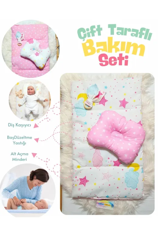 Baby Clime ÇİFT BAKIM-7 Çift Taraflı Bebek Bakım Seti - Alt Açma Minderi, Baş Düzeltme Yastığı Ve Ahşap Diş Kaşıyıcı