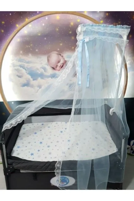 Baby Clime HAYALCİB Bebek Beşiği Cibinlik Takımı - Mavi Güpürlü Hayal Tül (Aparat Dahil)