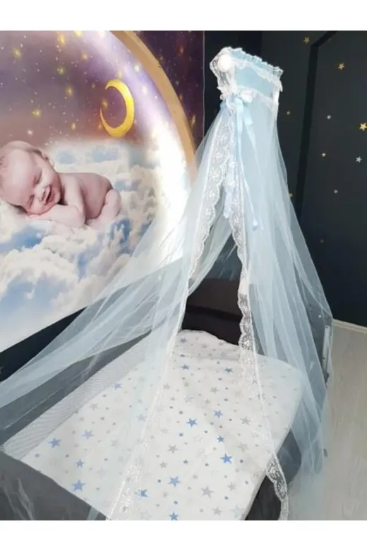 Baby Clime HAYALCİB Bebek Beşiği Cibinlik Takımı - Mavi Güpürlü Hayal Tül (Aparat Dahil)