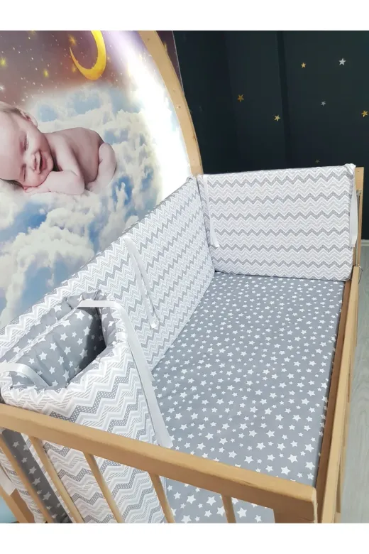 Baby Clime KOR-60120-1. 60X120 Beşik Için Yan Koruma 4 Parça - Gri Ince Zigzag Yıldız Desen (Çarşaf Hariç)