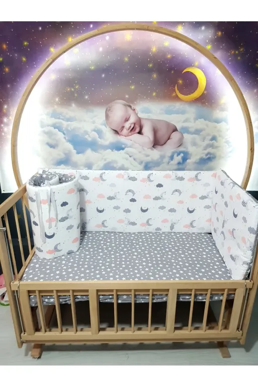 Baby Clime KOR-60120-1. 60X120 Beşik Kenar Korumalık 4 Parça - Gri Ay Yıldız Desen (Çarşaf Hariç)