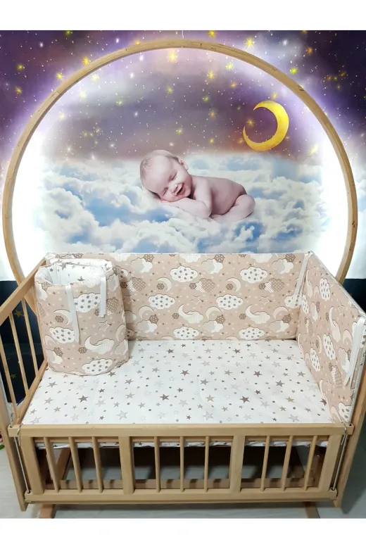 Baby Clime KOR-60120-1. 60X120 Beşik Kenar Korumalık 4 Parça - Kahverengi Bulut Yıldız Desen (Çarşaf Hariç)