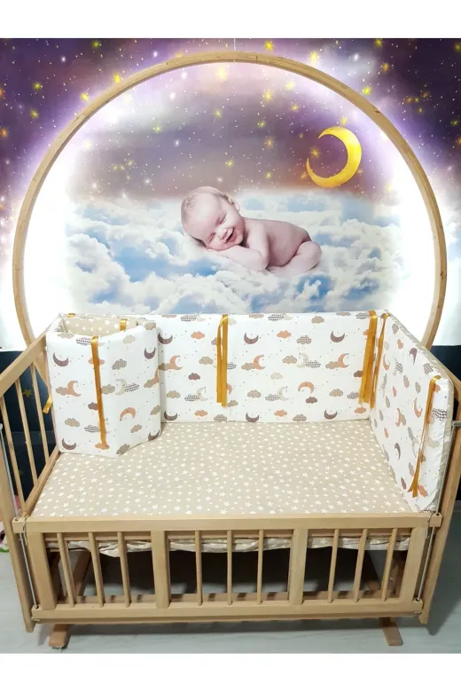 Baby Clime KOR-60120-1. 60X120 Beşik Kenar Korumalık 4 Parça - Kahverengi Ay Yıldız Desen (Çarşaf Hariç)