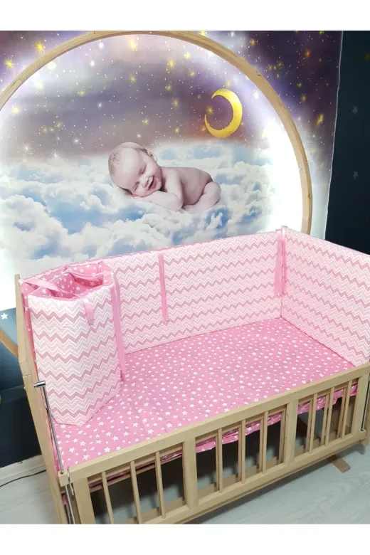 Baby Clime KOR-60120-1. 60X120 Beşik Kenar Korumalık 4 Parça - Pembe Ince Zigzag Yıldız Desen (Çarşaf Hariç)