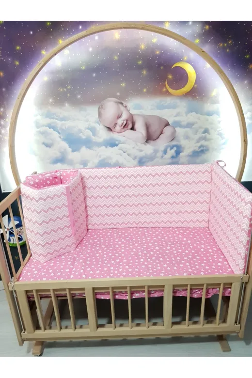 Baby Clime KOR-60120-1. 60X120 Beşik Kenar Korumalık 4 Parça - Pembe Ince Zigzag Yıldız Desen (Çarşaf Hariç)
