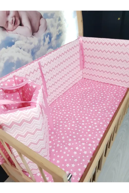 Baby Clime KOR-60120-1. 60X120 Beşik Kenar Korumalık 4 Parça - Pembe Ince Zigzag Yıldız Desen (Çarşaf Hariç)