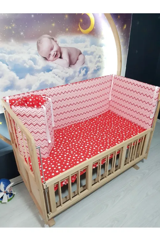 Baby Clime KOR-60120-1. 60X120 Beşik Kenar Korumalık 4 Parça - Kırmızı Ince Zigzag Yıldız Desen (Çarşaf Hariç)