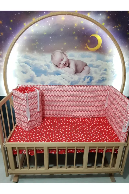 Baby Clime KOR-60120-1. 60X120 Beşik Kenar Korumalık 4 Parça - Kırmızı Ince Zigzag Yıldız Desen (Çarşaf Hariç)