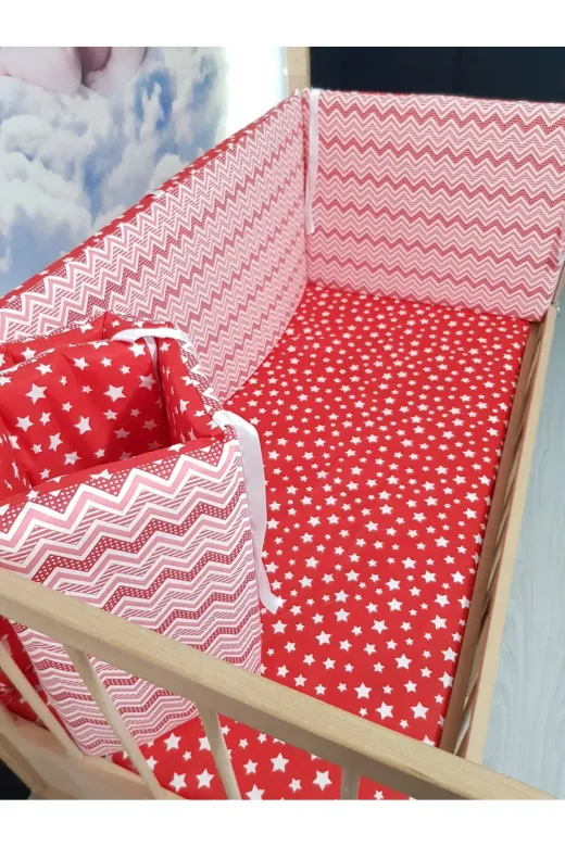 Baby Clime KOR-60120-1. 60X120 Beşik Kenar Korumalık 4 Parça - Kırmızı Ince Zigzag Yıldız Desen (Çarşaf Hariç)