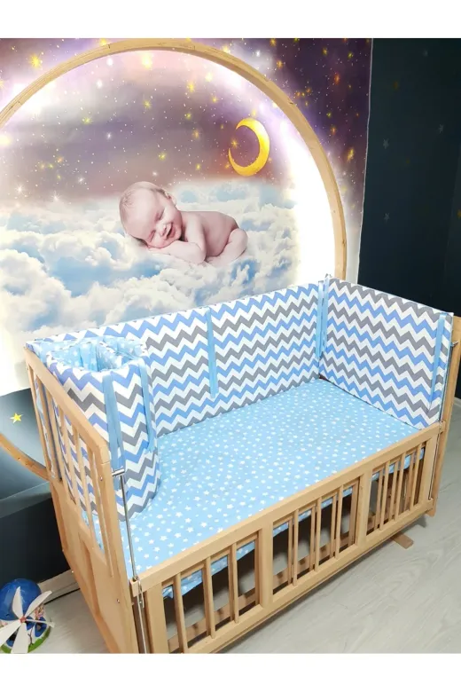 Baby Clime KOR-60120-1. 60X120 Beşik Kenar Korumalık 4 Parça - Mavi Zigzag Yıldız Desen (Çarşaf Hariç)