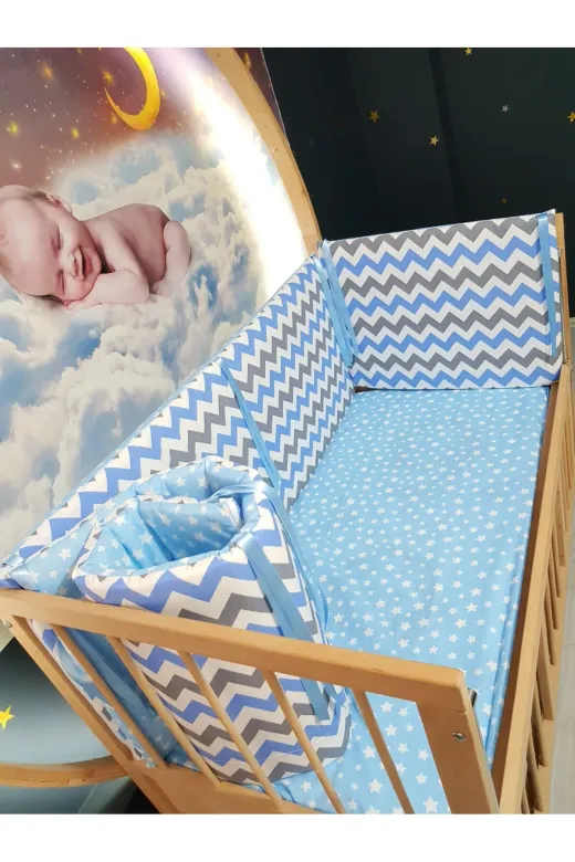 Baby Clime KOR-60120-1. 60X120 Beşik Kenar Korumalık 4 Parça - Mavi Zigzag Yıldız Desen (Çarşaf Hariç)