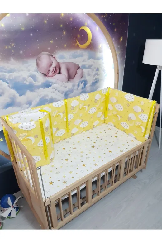 Baby Clime KOR-60120-1. 60X120 Beşik Kenar Korumalık 4 Parça - Sarı Bulut Yıldız Desen 54-04 (Çarşaf Hariç)
