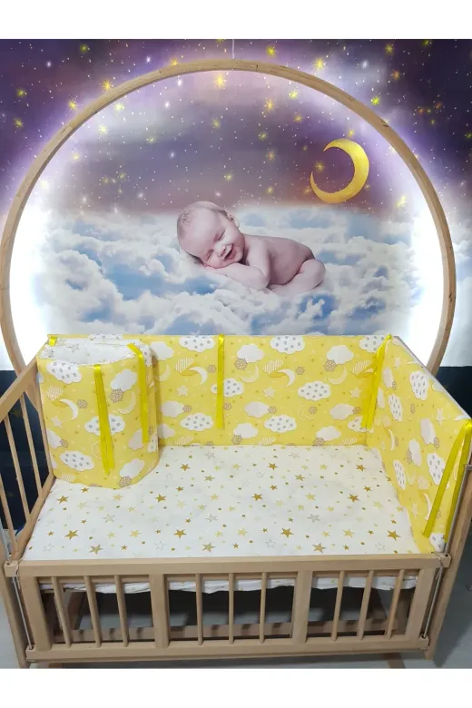 Baby Clime KOR-60120-1. 60X120 Beşik Kenar Korumalık 4 Parça - Sarı Bulut Yıldız Desen 54-04 (Çarşaf Hariç)