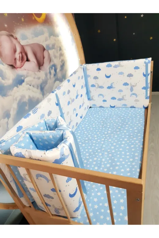 Baby Clime KOR-60120-1. 60X120 Beşik Kenar Korumalık 4 Parça - Mavi Ay Yıldız Desen (Çarşaf Hariç)