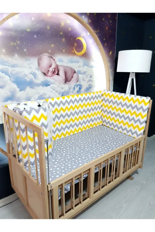 Baby Clime KOR-60120-1. 60X120 Beşik Kenar Korumalık 4 Parça - Gri Sarı Zigzag Yıldız Desen (Çarşaf Hariç)