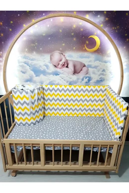 Baby Clime KOR-60120-1. 60X120 Beşik Kenar Korumalık 4 Parça - Gri Sarı Zigzag Yıldız Desen (Çarşaf Hariç)