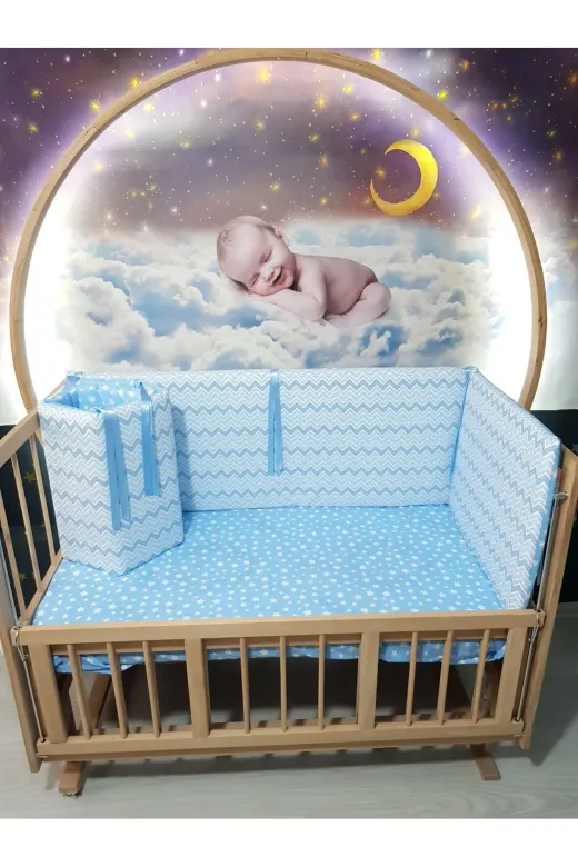 Baby Clime KOR-70130-1. 70X130 Beşik Kenar Korumalık 4 Parça - Mavi Ince Zigzag Desen (Çarşaf Hariç)