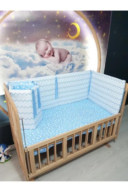 Baby Clime KOR-70130-1. 70X130 Beşik Kenar Korumalık 4 Parça - Mavi Ince Zigzag Desen (Çarşaf Hariç)
