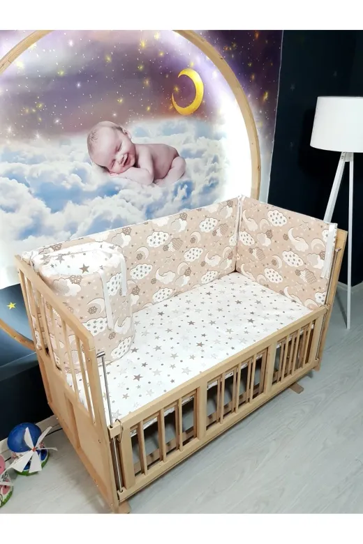 Baby Clime KOR-70130-1. 70X130 Beşik Kenar Korumalık 4 Parça - Kahverengi Bulut Yıldız Desen (Çarşaf Hariç)