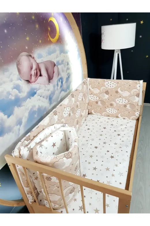 Baby Clime KOR-70130-1. 70X130 Beşik Kenar Korumalık 4 Parça - Kahverengi Bulut Yıldız Desen (Çarşaf Hariç)