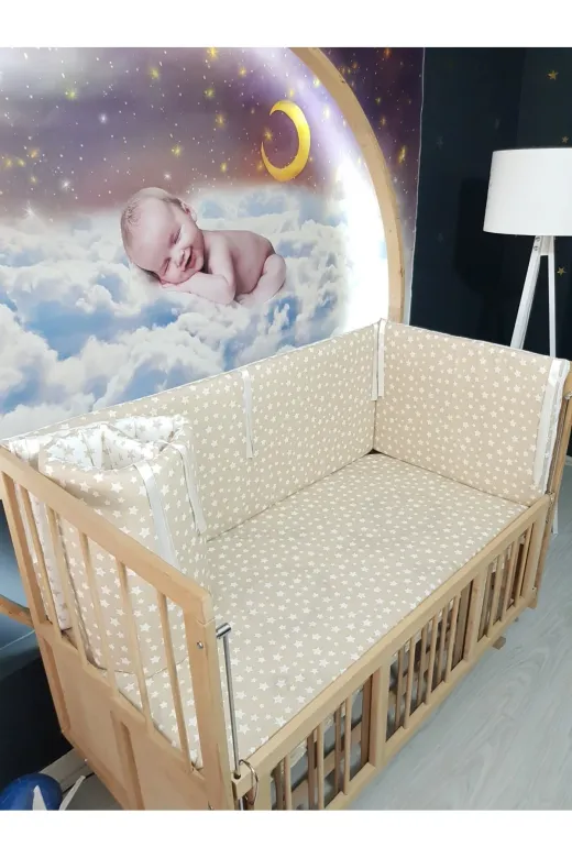 Baby Clime KOR-70130-1. 70X130 Beşik Kenar Korumalık 4 Parça - Kahverengi Yıldız Desen (Çarşaf Hariç)