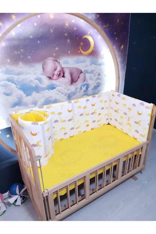 Baby Clime KOR-70130-1. 70X130 Beşik Kenar Korumalık 4 Parça - Sarı Ay Puantiye Desen (Çarşaf Hariç)