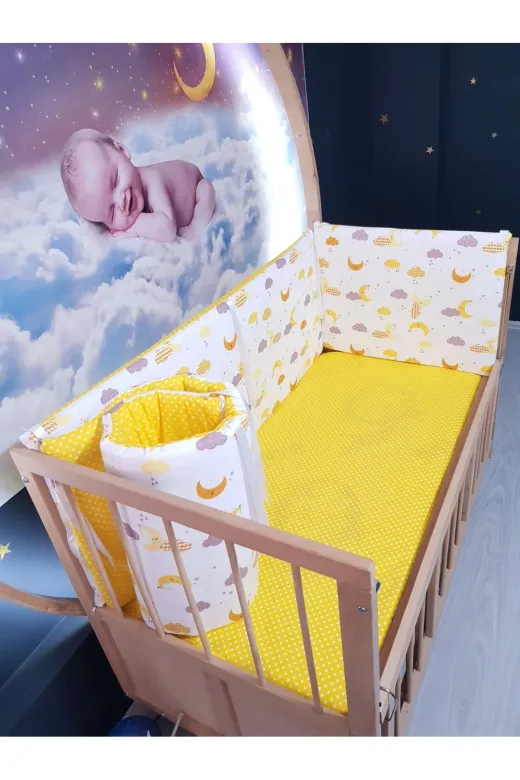 Baby Clime KOR-70130-1. 70X130 Beşik Kenar Korumalık 4 Parça - Sarı Ay Puantiye Desen (Çarşaf Hariç)