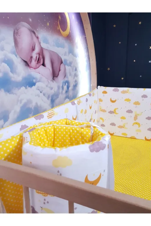 Baby Clime KOR-70130-1. 70X130 Beşik Kenar Korumalık 4 Parça - Sarı Ay Puantiye Desen (Çarşaf Hariç)