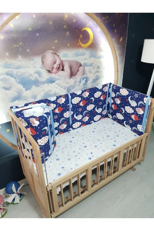 Baby Clime KOR-70130-1. 70X130 Beşik Kenar Korumalık 4 Parça - Lacivert Bulut Yıldız Desen (Çarşaf Hariç)
