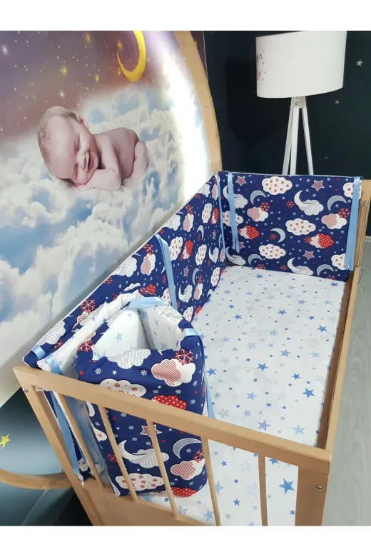Baby Clime KOR-70130-1. 70X130 Beşik Kenar Korumalık 4 Parça - Lacivert Bulut Yıldız Desen (Çarşaf Hariç)