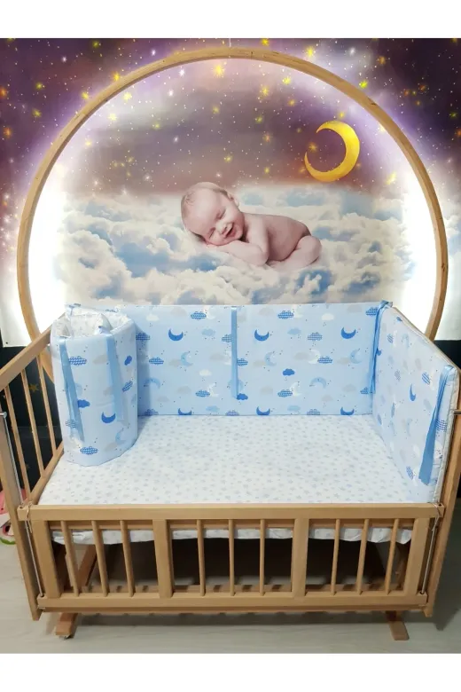 Baby Clime KOR-70130-1. 70X130 Beşik Kenar Korumalık 4 Parça - Mavi Zemin Ay Yıldız Desen (Çarşaf Hariç)