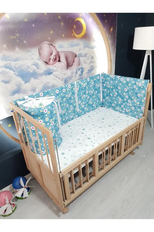 Baby Clime KOR-70130-1. 70X130 Beşik Yan Koruyucu 4 Parça - Yeşil Çiçek Yıldız Desen (Çarşaf Hariç)
