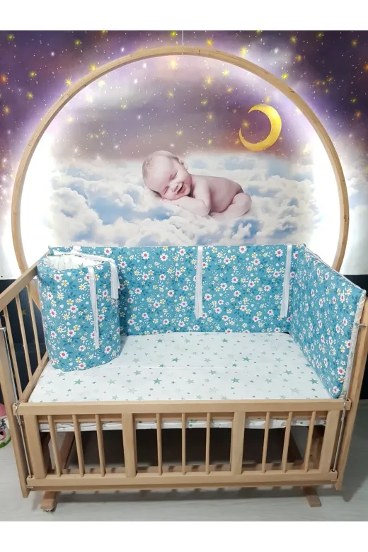 Baby Clime KOR-70130-1. 70X130 Beşik Yan Koruyucu 4 Parça - Yeşil Çiçek Yıldız Desen (Çarşaf Hariç)