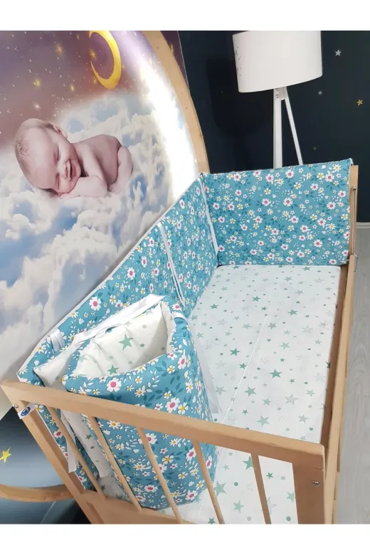 Baby Clime KOR-70130-1. 70X130 Beşik Yan Koruyucu 4 Parça - Yeşil Çiçek Yıldız Desen (Çarşaf Hariç)